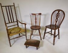 An Arts and Crafts oak elbow chair with bobbin turned back, a fruit wood side chair with painted