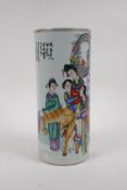 A Chinese Republic porcelain cylinder vase with polychrome decoration of women on horseback, 28cm