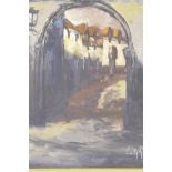 Street scene through an archway, probably Dutch/Belgian, signed indistinctly Emily H?, oil on