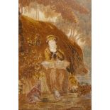 An early C19th woolwork on silk depicting a lady and dog seated in a woodland, 17 x 23cms