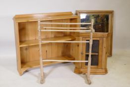 A small pine open bookcase, a glazed hanging corner cabinet, mirror and towel rail, bookcase 92 x 20