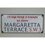 An enamel Royal Borough of Kensington and Chelsea London street sign, 'Margaretta Terrace, SW3',