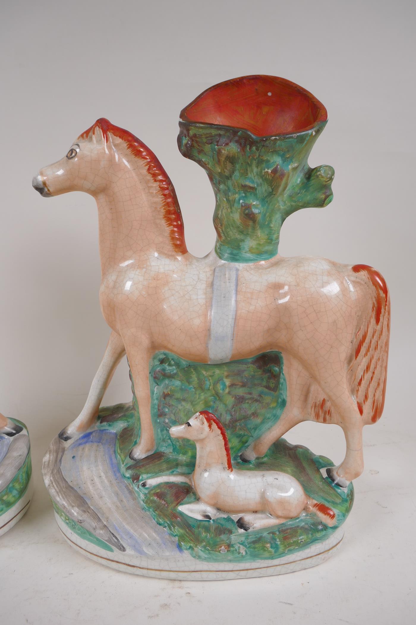 A pair of large Staffordshire flat back spill vases modelled as horses with foals, 30cm high - Image 2 of 3