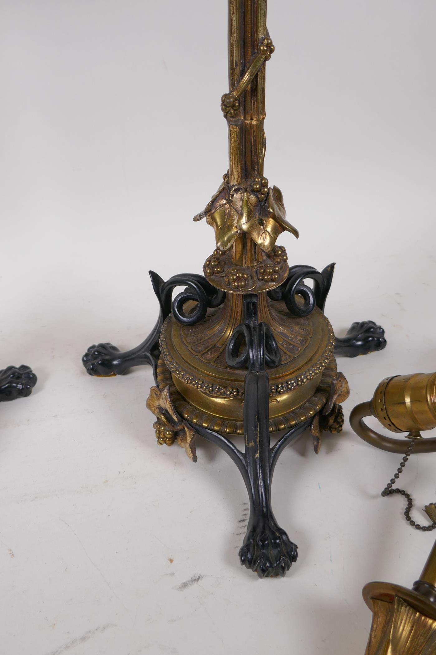 A pair of cold painted brass and three branch table lamps, with silver plated and ormolu detail, - Image 5 of 7
