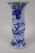 A C19th Chinese Gu shaped blue and white pottery vase painted with figures in a landscape, 4