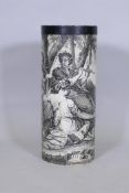 A vintage umbrella stand with classical engraving decoration in the manner of Fornasetti, 60 x 25cms