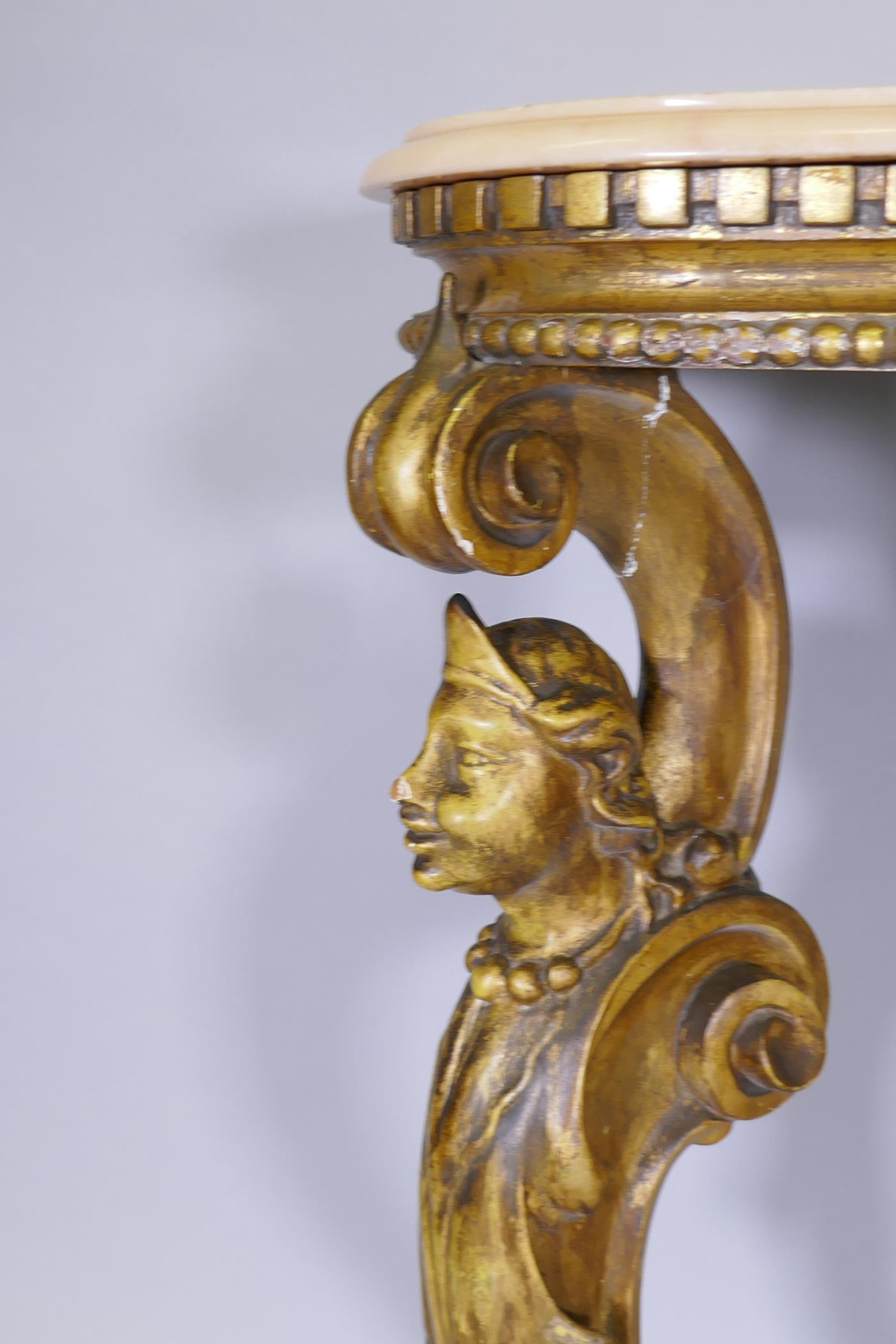 Continental giltwood console table with marble top, dentil and bead frieze and carved supports - Image 5 of 5