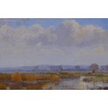 View across a marshland, old label verso R.A.K. Marshall, oil on board, 24 x 15cms