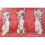 A humorous textile print of three siamese cats, 74 x 43cms