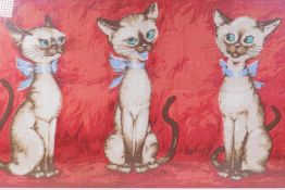 A humorous textile print of three siamese cats, 74 x 43cms