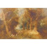 David Cox, wooded landscape with children by a stream, signed, C19th oil on canvas, 41 x 31cms