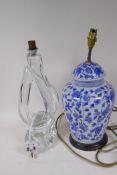 A stylised crystal glass table lamp by Daum, France, 39cm high, and a Chinese style porcelain lamp