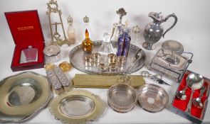 A quantity of silver plate, silver, pewter and glassware including a pair of small brushes with