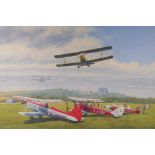 Light aircraft at Shoreham airfield with Lancing College Chapel beyond, oil on board, 71 x 56cms
