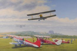 Light aircraft at Shoreham airfield with Lancing College Chapel beyond, oil on board, 71 x 56cms