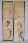 A pair of Japanese Meiji period framed watercolour panels depicting asiatic birds, perched amongst