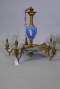 A five branch ceiling light with ormolu mounts and cut glass bowls, 54cm diameter, 42cm high