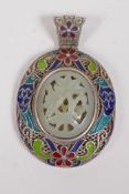 A 925 silver, enamel and celadon jade pendant decorated with birds, 5 x 7cms