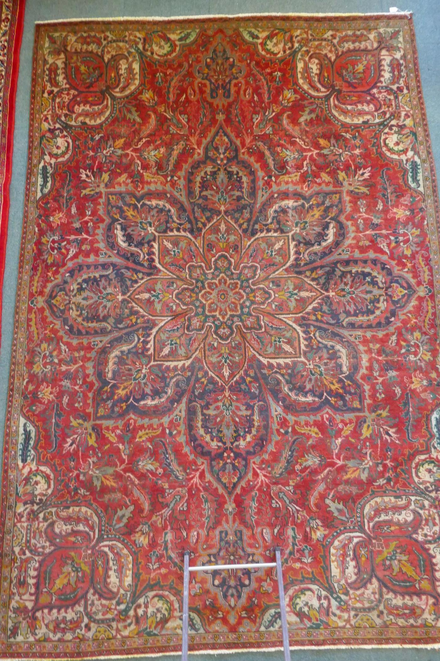 A Persian heavy pile red ground vintage Heriz carpet, Northern Iran tradition floral pattern, - Image 2 of 6