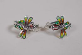 A pair of 925 silver and plique a jour dragonfly hoop earrings