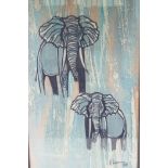 A stylised colour print of elephants, signed, 37 x 73cms
