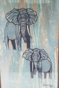 A stylised colour print of elephants, signed, 37 x 73cms