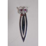 A sterling silver book mark with an owl finial, 5cm long