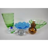 A quantity of decorative glassware including White Friars and Isle of Wight paper weights etc, green