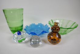 A quantity of decorative glassware including White Friars and Isle of Wight paper weights etc, green