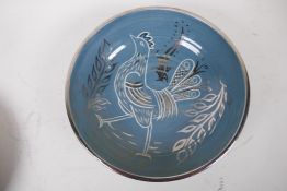 Vera Tollow studio pottery shallow bowl decorated with a cockerel, signed and marked Barnes Lodge No