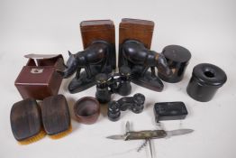 A quantity of treen and collectors items including a pair of bookends carves as rhinoceros, 16cm