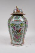 A C19th Cantonese famille rose jar and cover, AF chips to rim and cover, 33cm high