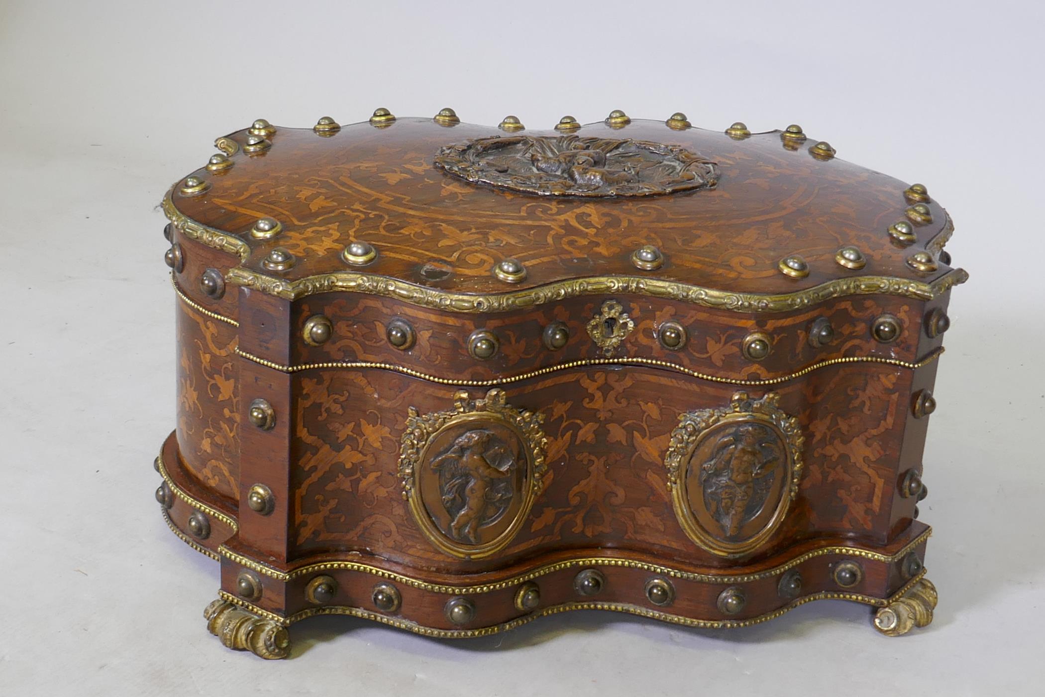 A fine quality Continental C19th inlaid rosewood shaped casket, with ormolu mounts, steel studs - Image 2 of 8