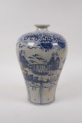 A Chinese blue and white crackleware meiping vase, decorated with figures in a landscape,