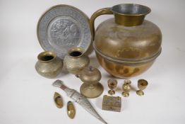 A quantity of decorative brassware including large water jug, 31cm high, a pair of Indian engraved