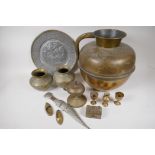 A quantity of decorative brassware including large water jug, 31cm high, a pair of Indian engraved