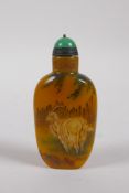 A Chinese yellow Peking glass snuff bottle with enamelled goat decoration, 2 character mark to base,