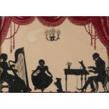 A C19th reverse painting on glass depicting a musical evening in a silhouette style, 30 x 24cm