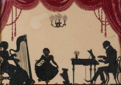 A C19th reverse painting on glass depicting a musical evening in a silhouette style, 30 x 24cm