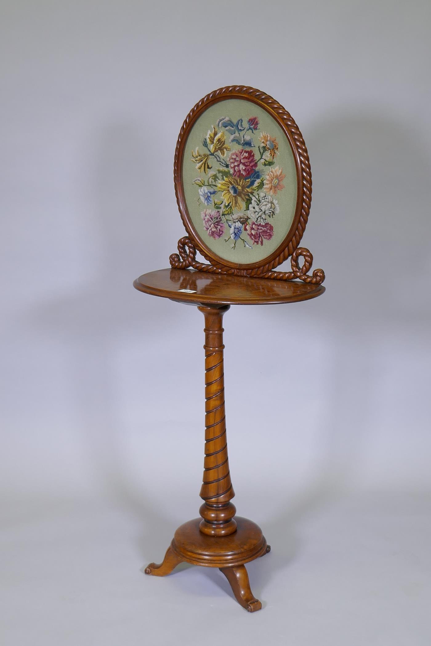 A C19th figured walnut polescreen / dressing table, with inlaid and carved decoration, and - Image 2 of 3