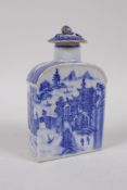 An C18th Chinese blue and white porcelain tea canister and cover, with a ribbed body and riverside
