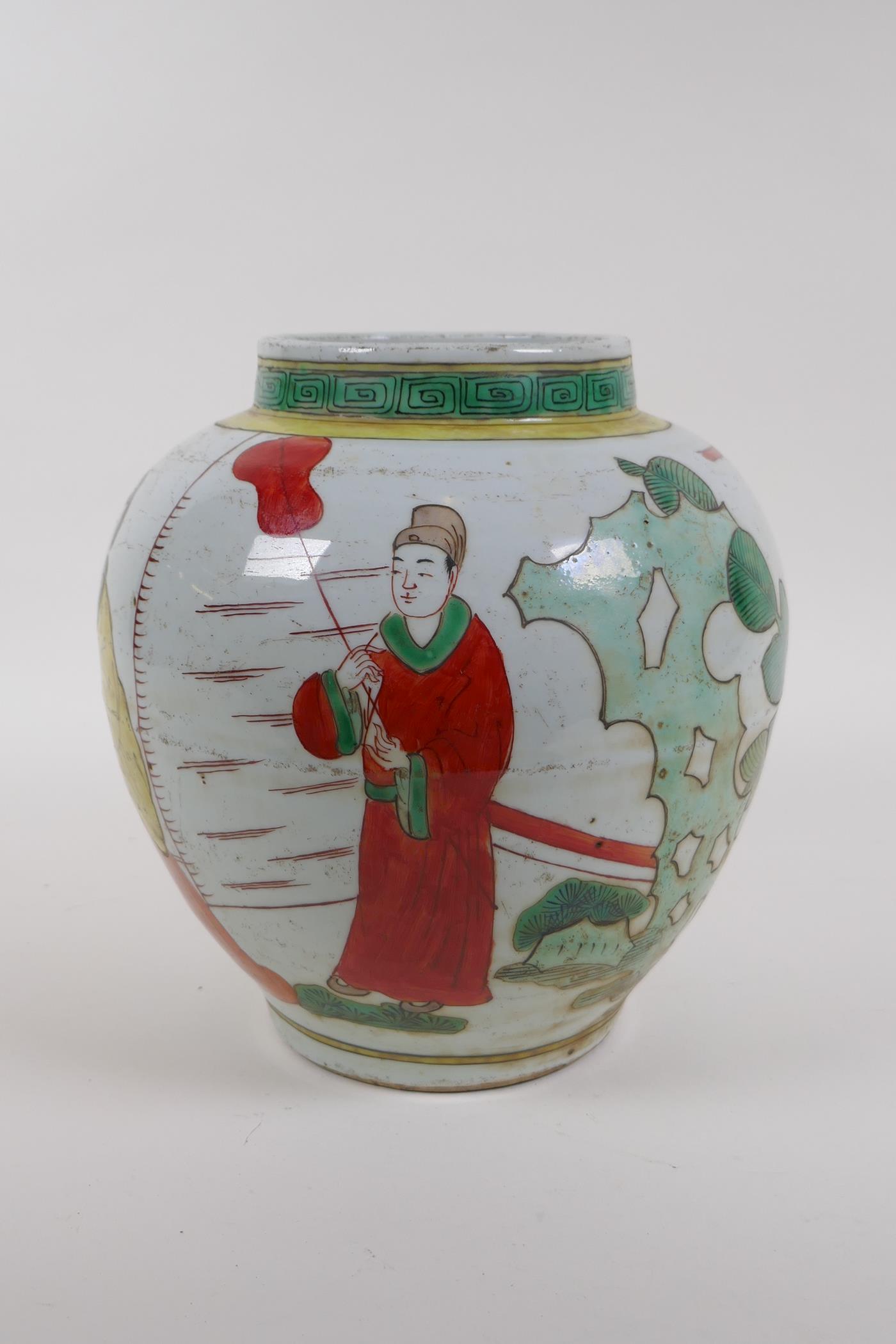 A Chinese Wucai pottery jar decorated with figures in a landscape, 21cm high - Image 2 of 6