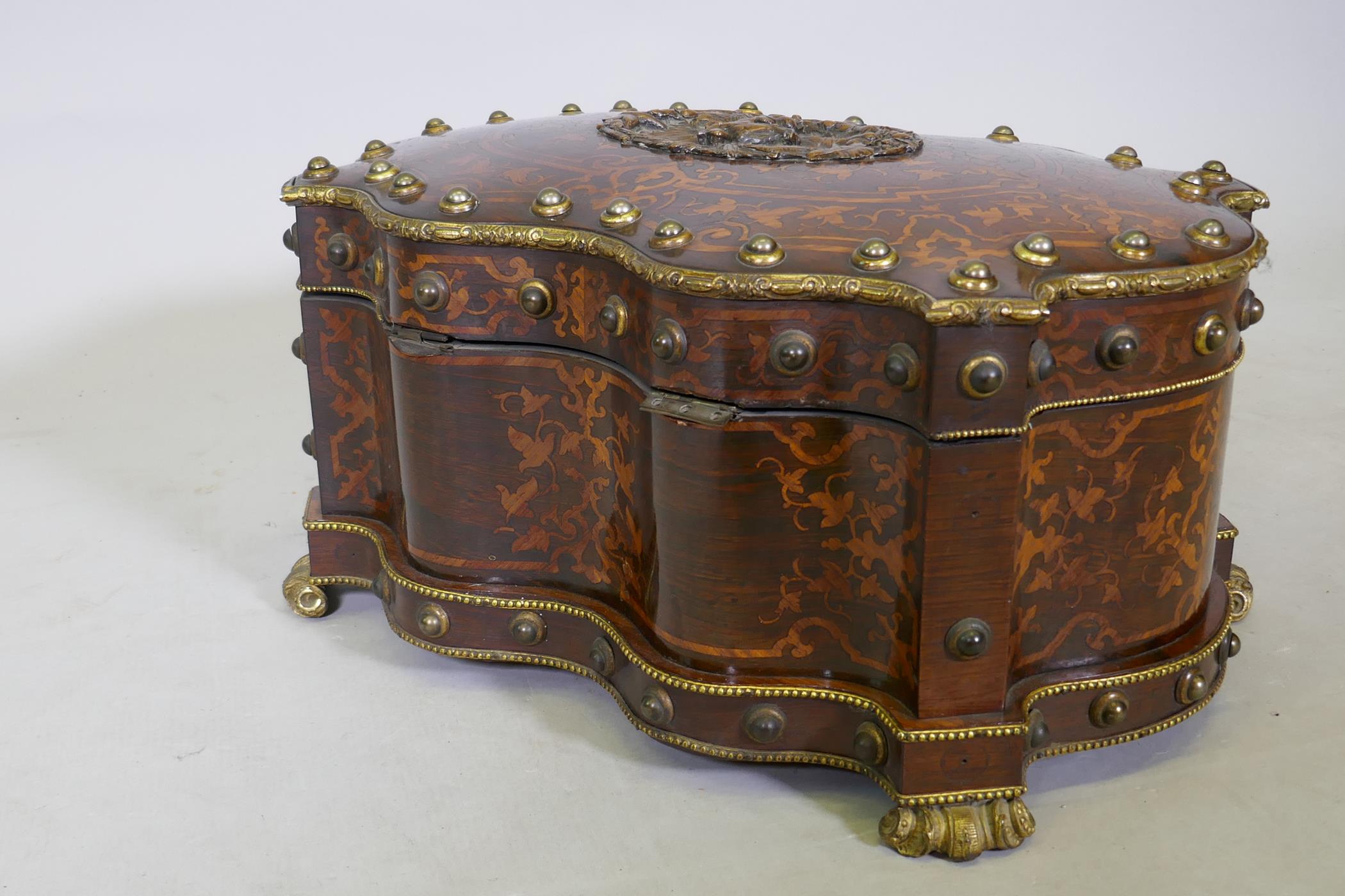 A fine quality Continental C19th inlaid rosewood shaped casket, with ormolu mounts, steel studs - Image 6 of 8