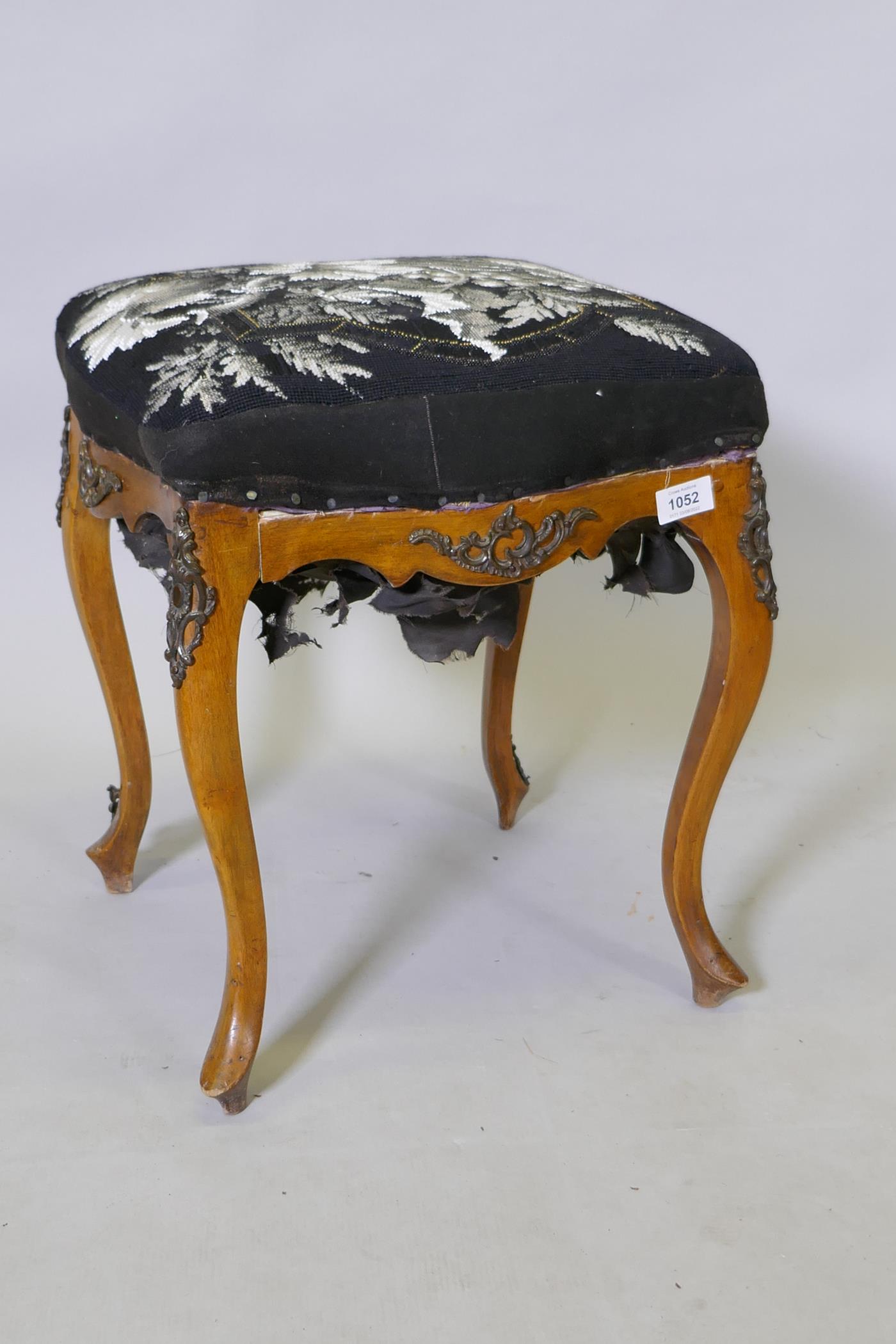 A C19th walnut stool with beadwork cover and ormolu mounts, raised on cabriole supports, AF, 39 x