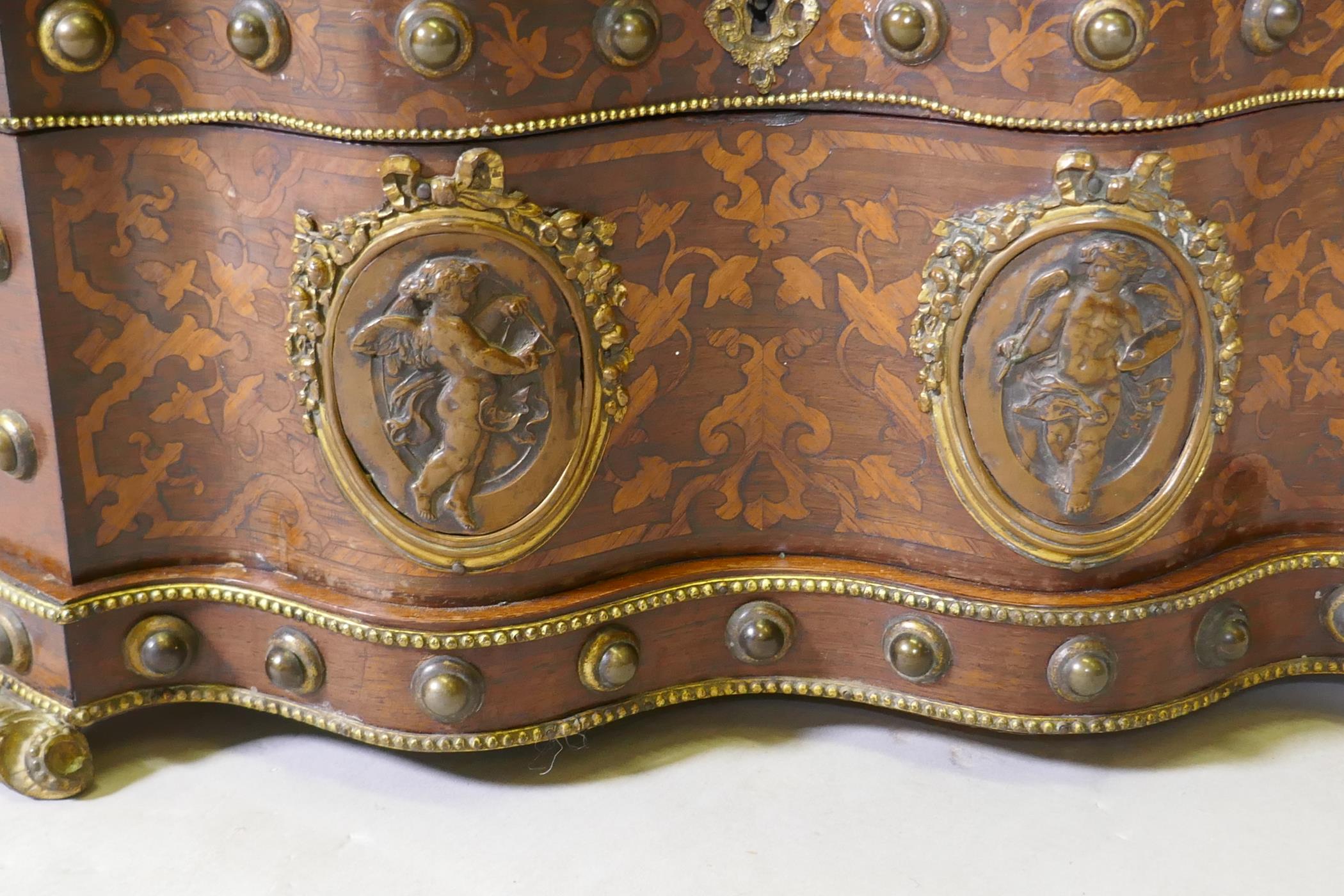 A fine quality Continental C19th inlaid rosewood shaped casket, with ormolu mounts, steel studs - Image 3 of 8