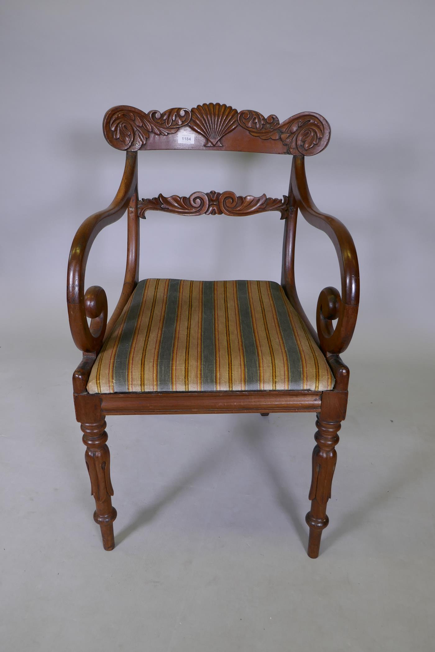 A Georgian style Anglo Indian mahogany carver chair with scroll arms and fluted turned supports - Image 5 of 5