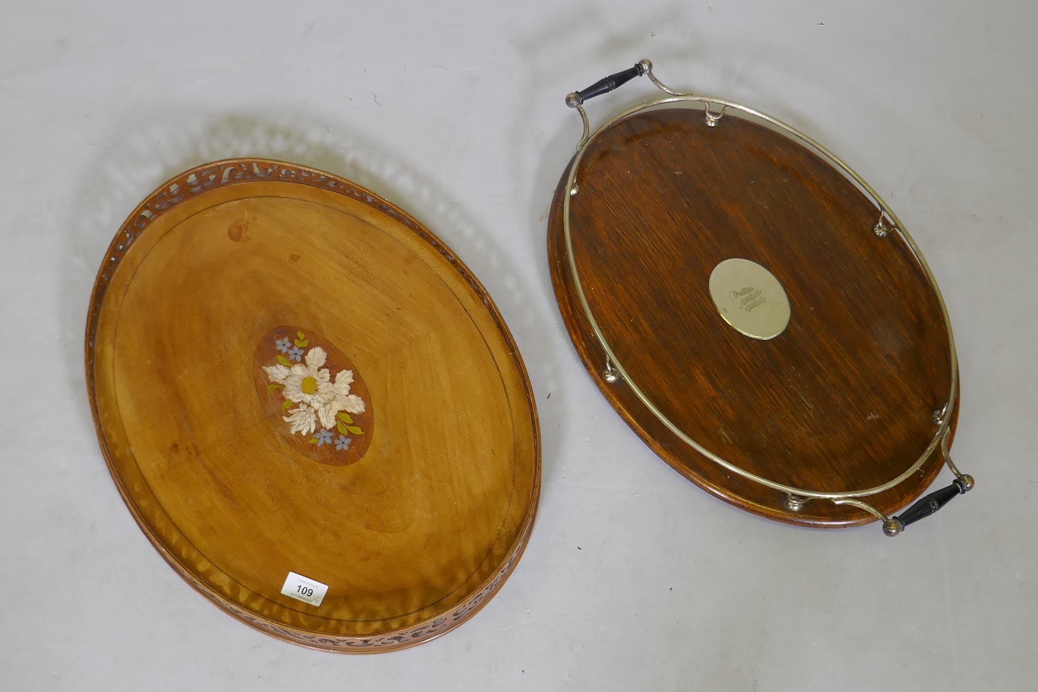 Oak tray with silver plated gallery and central plaque with monogram, c.1900, 57 x 39cms, and a