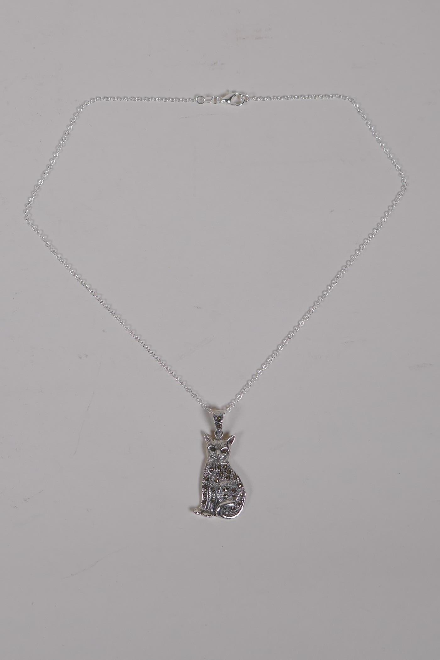 A silver and marcasite cat pendant necklace, 4cm drop - Image 2 of 2