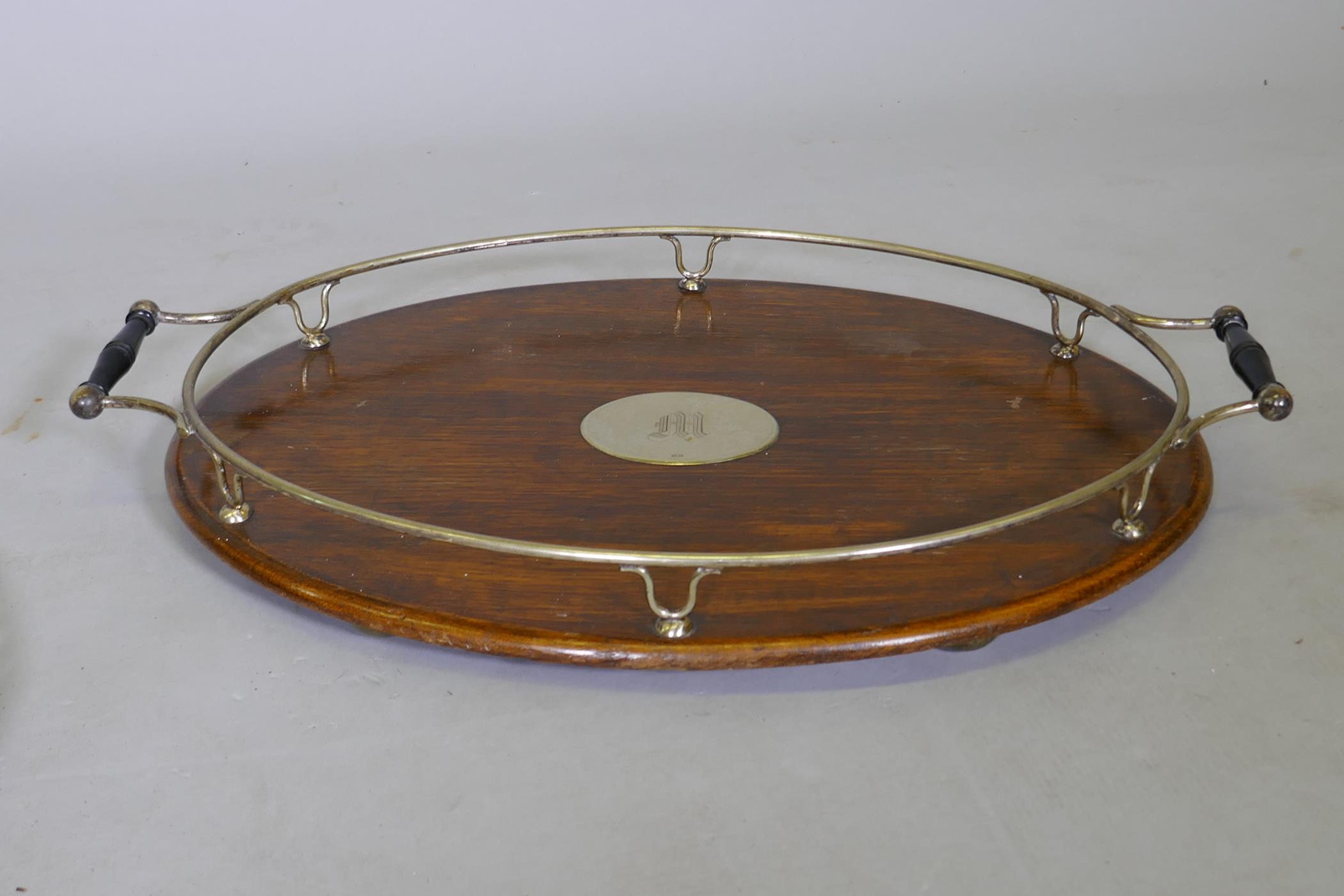 Oak tray with silver plated gallery and central plaque with monogram, c.1900, 57 x 39cms, and a - Image 2 of 6