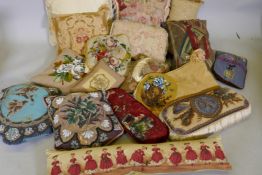 A quantity of scatter cushions, Aubusson, Victorian beadwork etc, bolster 87cm long